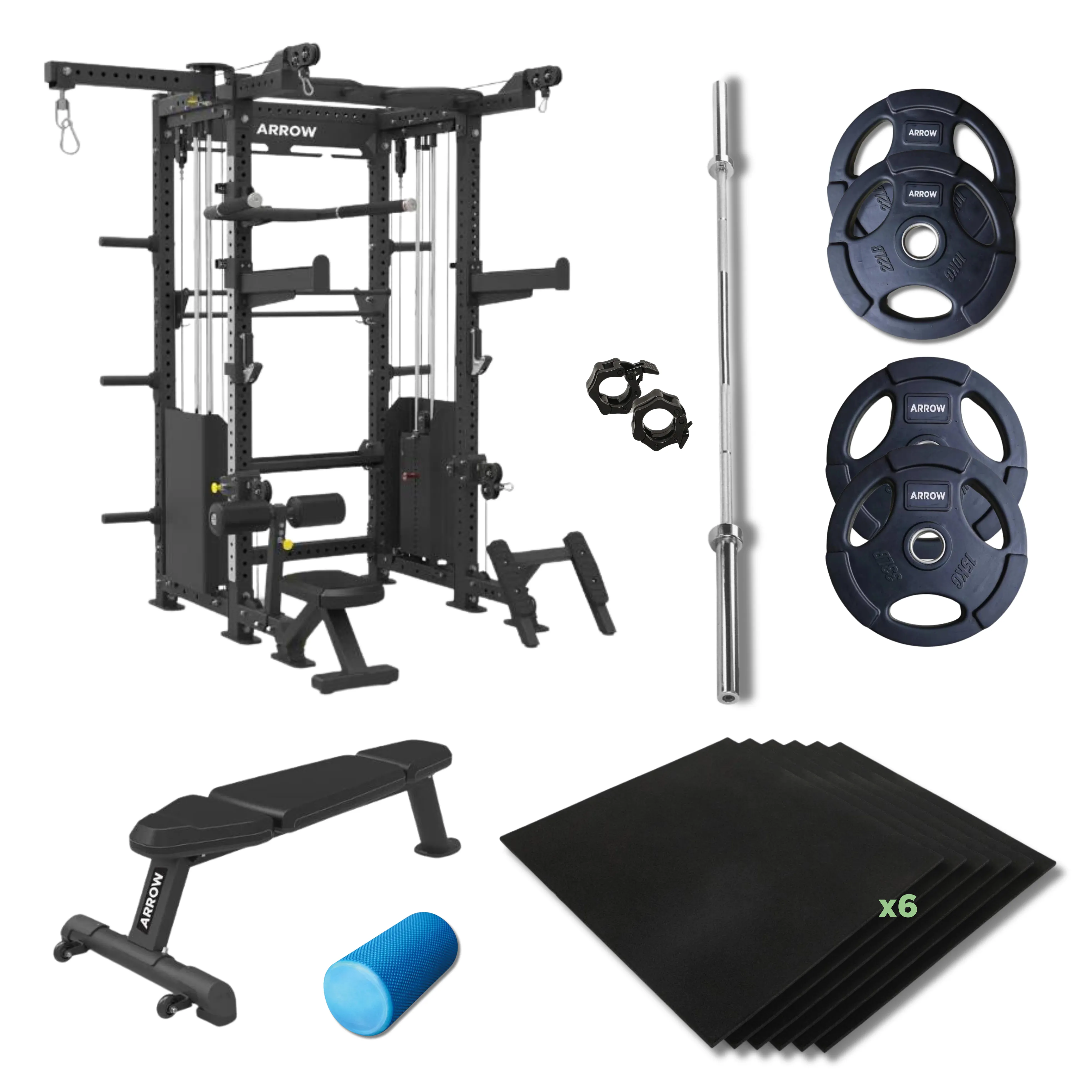 ARROW Complete Gym   50kg Rubber Coated Weight Plate Package   6x Floor Tiles    Olympic Barbell   Bench