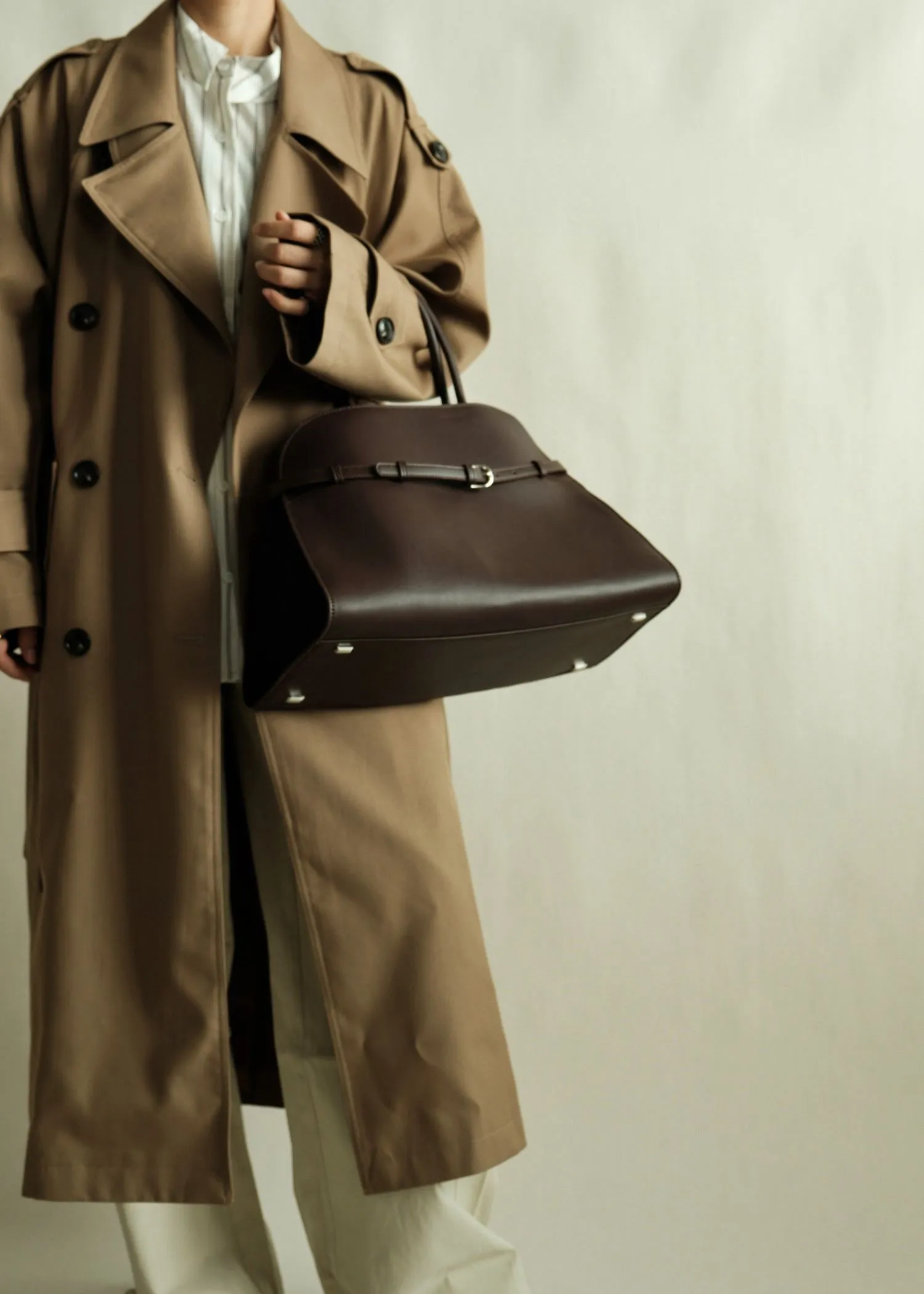 Belted Buckle Genuine Leather Top Handle Tote Bag