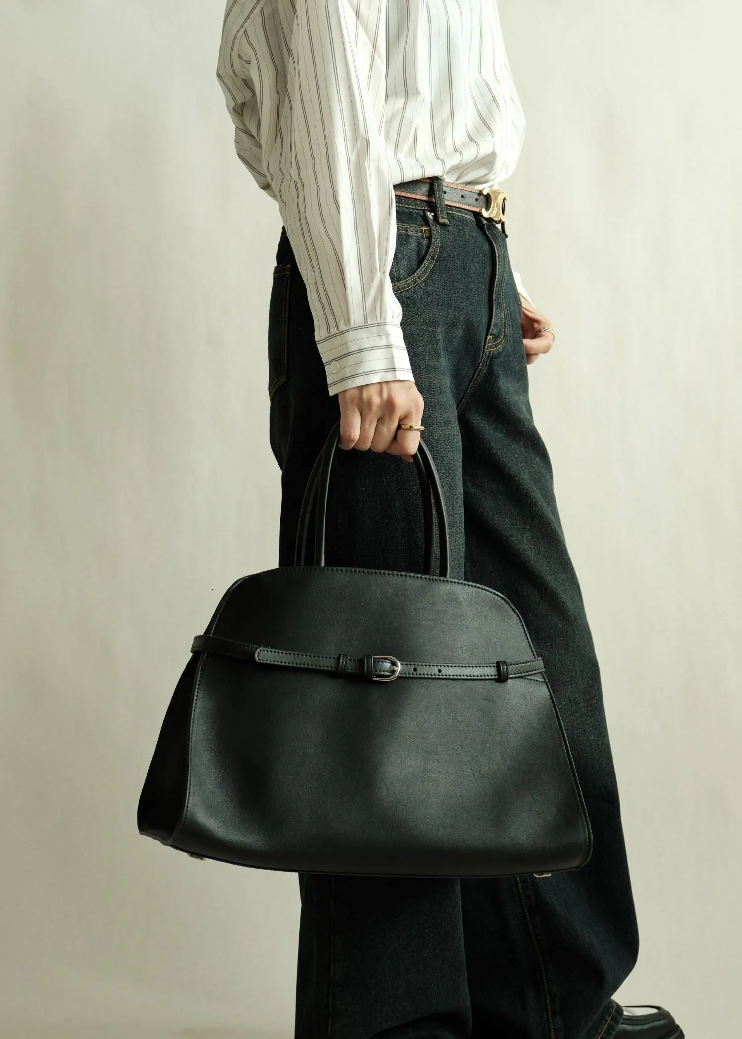 Belted Buckle Genuine Leather Top Handle Tote Bag