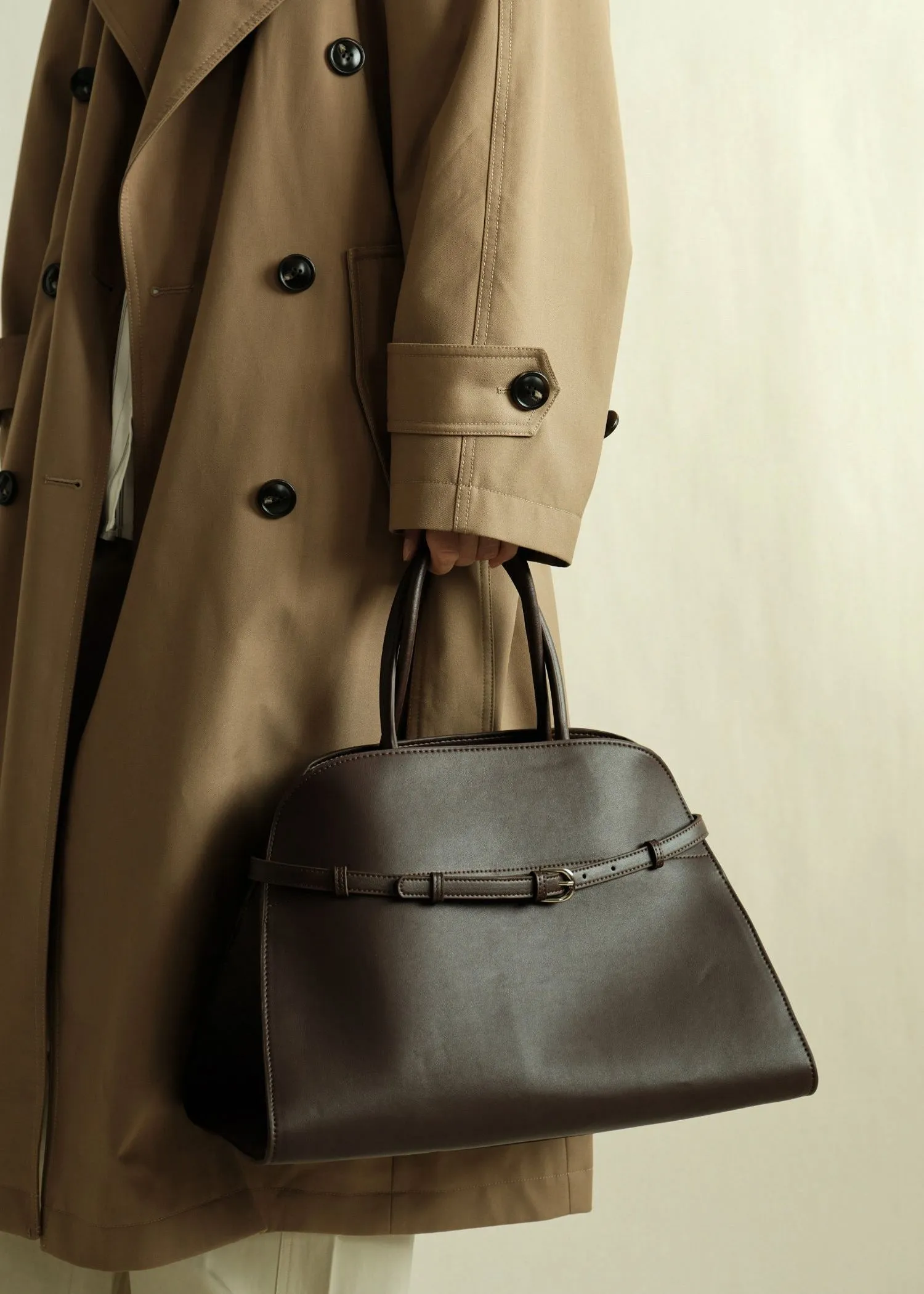 Belted Buckle Genuine Leather Top Handle Tote Bag