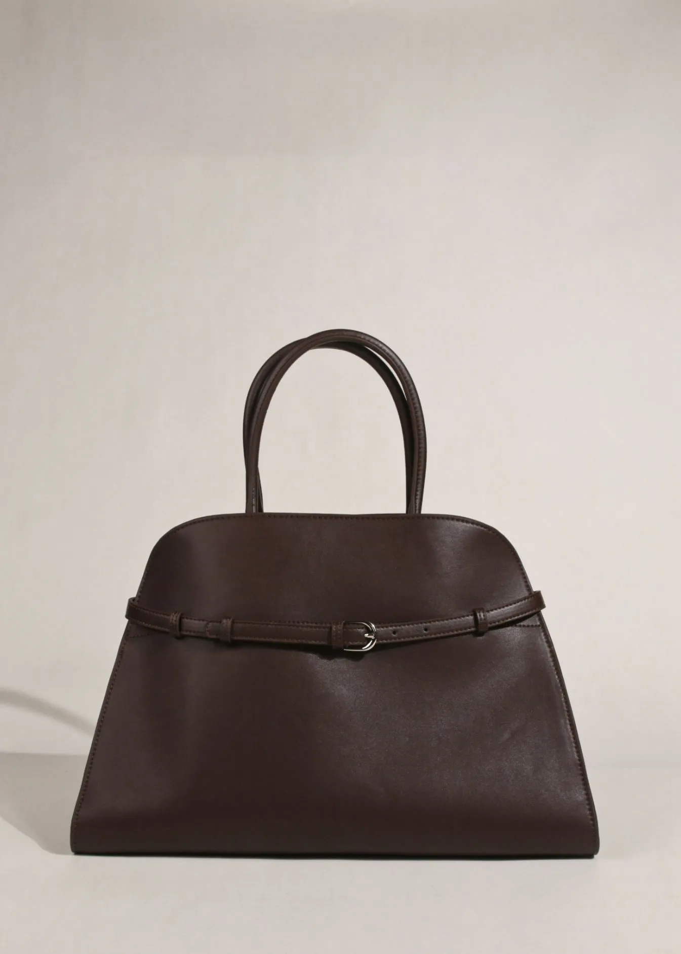 Belted Buckle Genuine Leather Top Handle Tote Bag