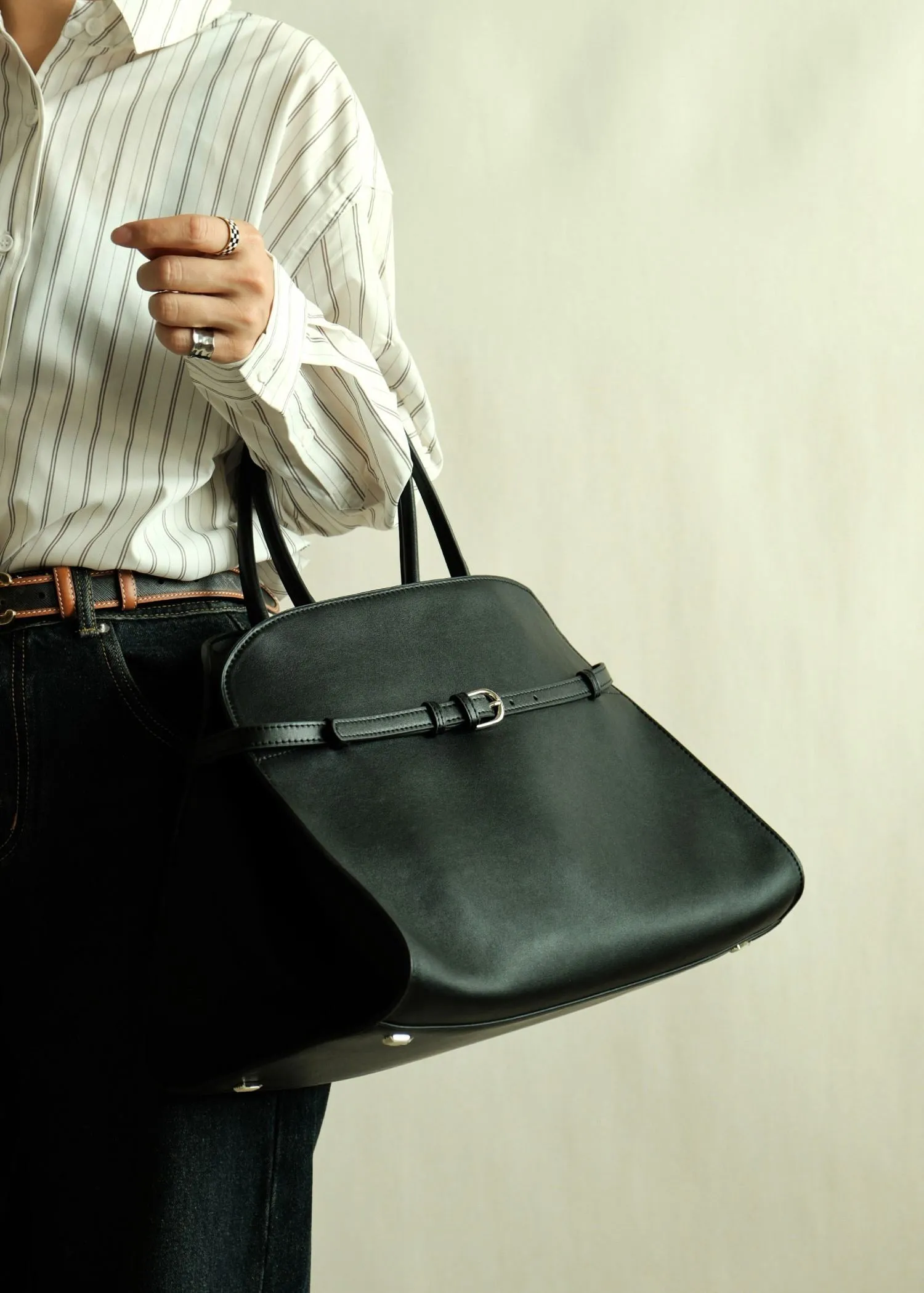 Belted Buckle Genuine Leather Top Handle Tote Bag