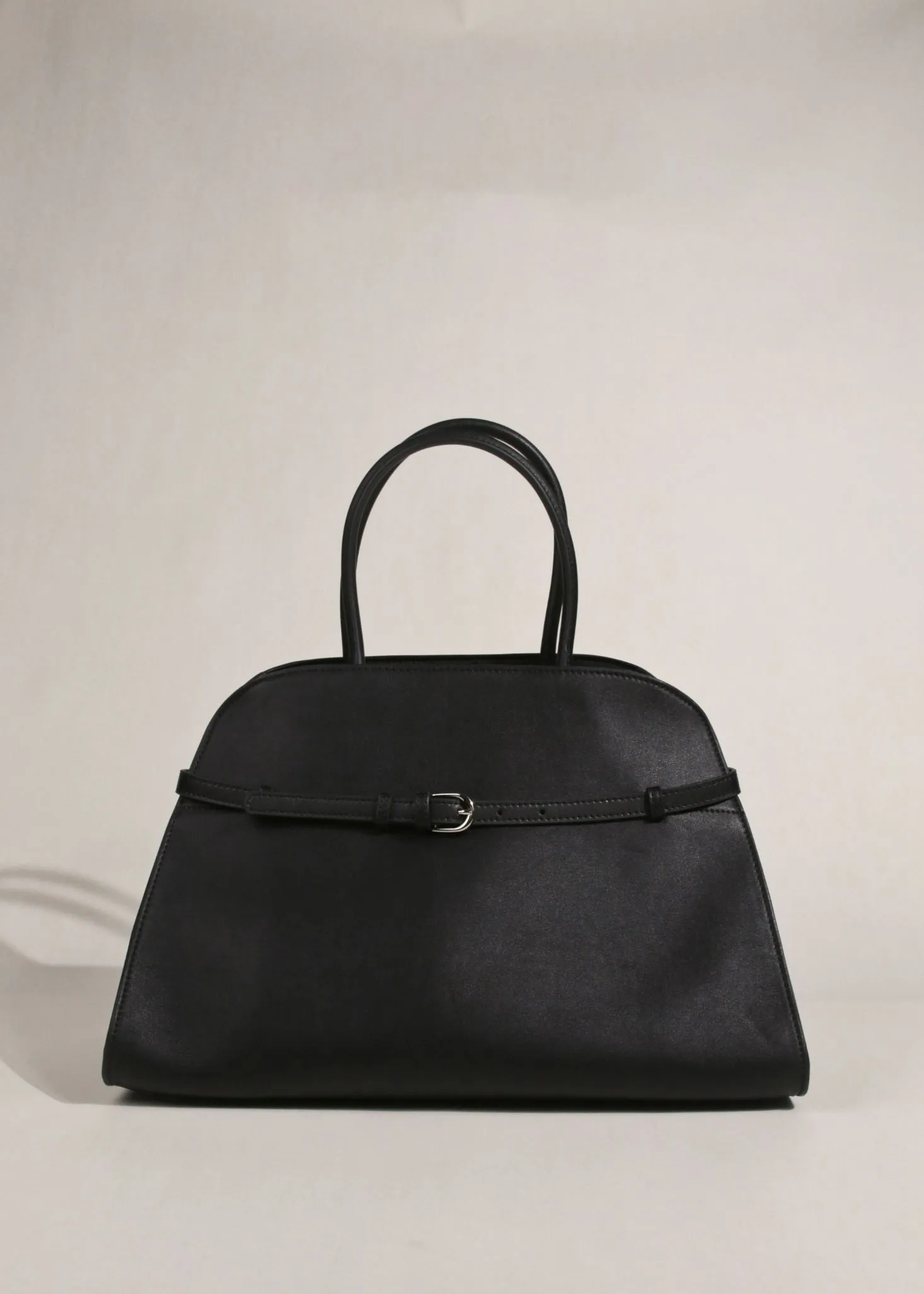 Belted Buckle Genuine Leather Top Handle Tote Bag