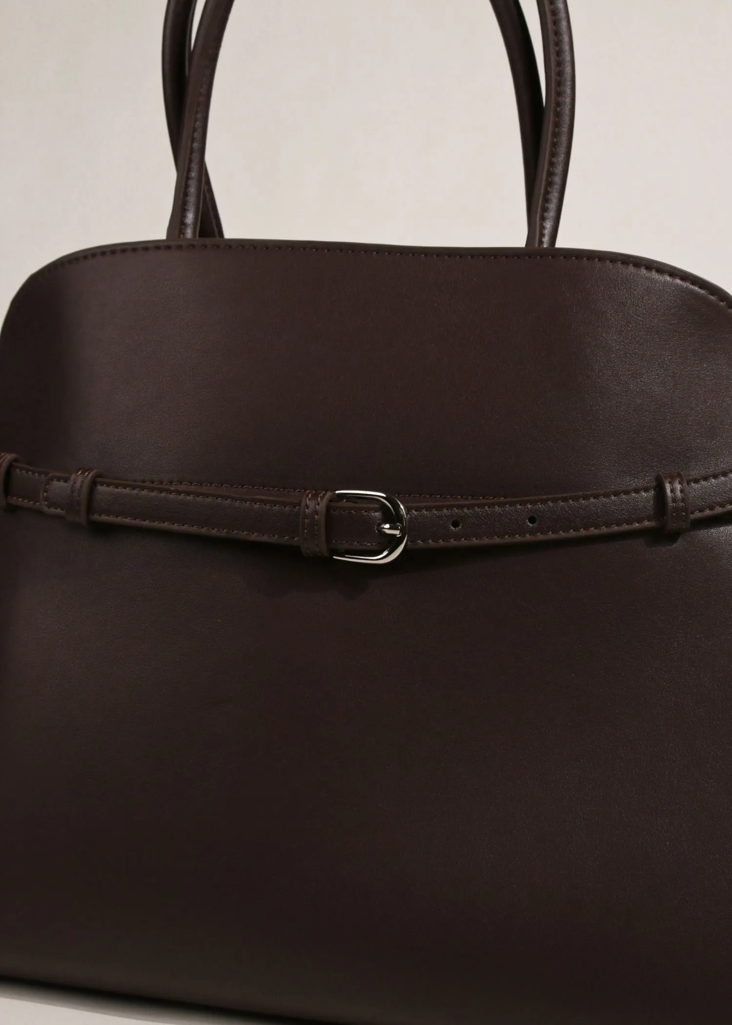 Belted Buckle Genuine Leather Top Handle Tote Bag