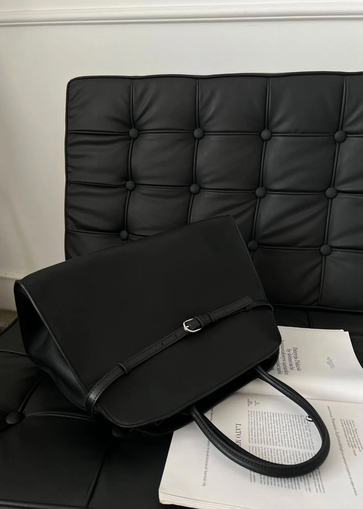 Belted Buckle Genuine Leather Top Handle Tote Bag