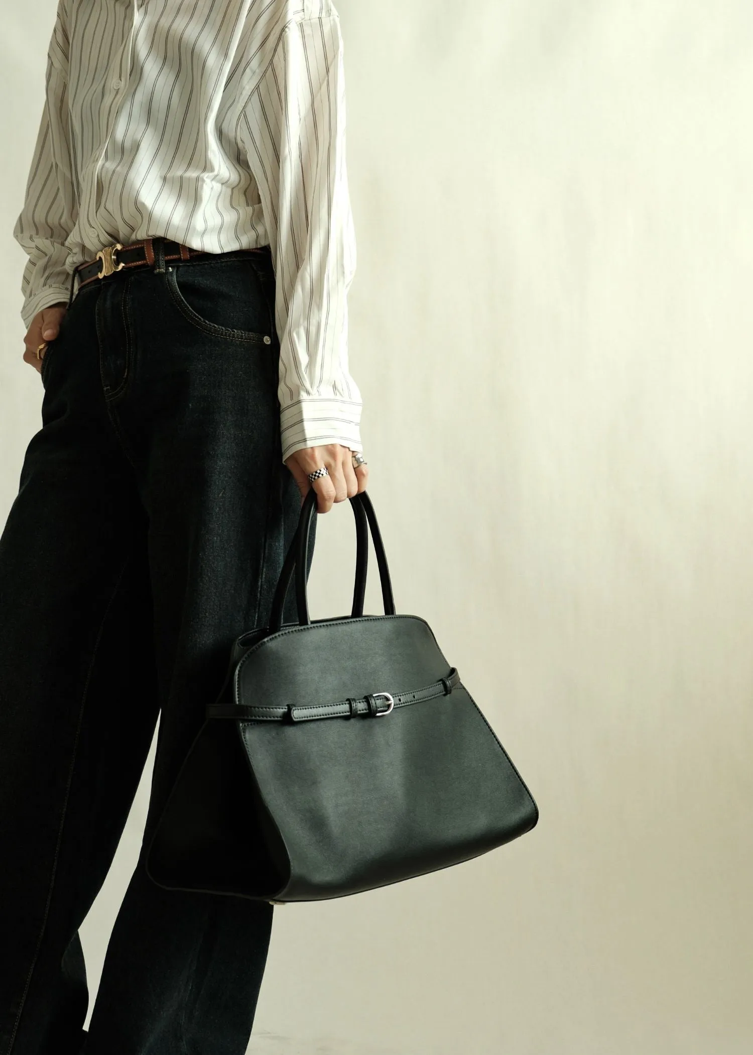 Belted Buckle Genuine Leather Top Handle Tote Bag
