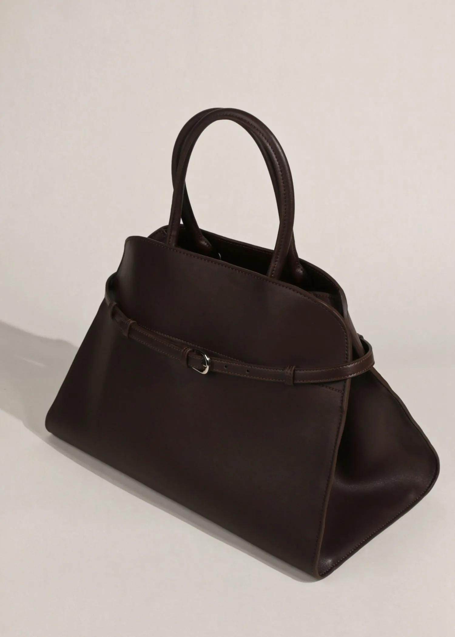 Belted Buckle Genuine Leather Top Handle Tote Bag
