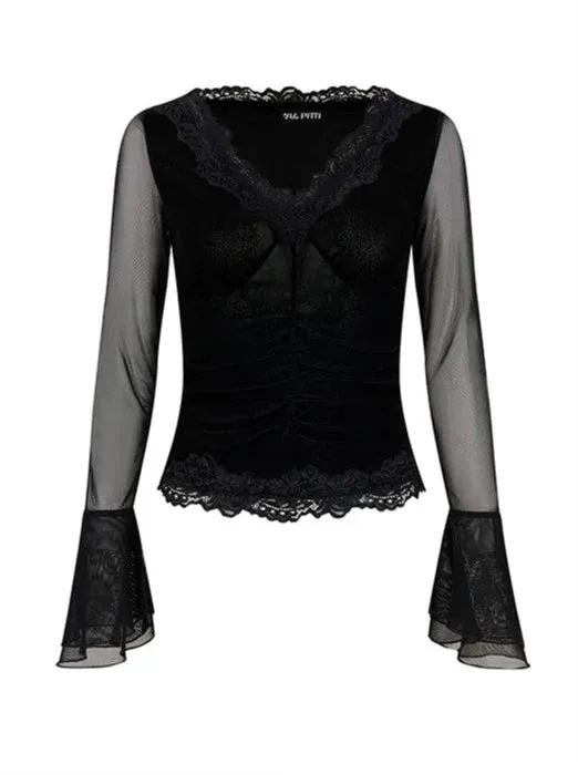 Lace Edge V Neck Sheer Bell Sleeve Black Slim Shirt